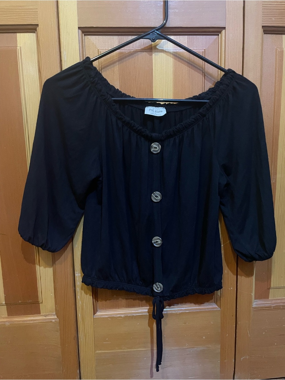 Free Kisses Black Off-Shoulder Button-Front Blouse with Tie Hem
